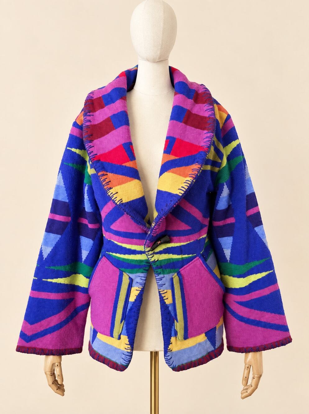 MOUSSY Japan 100% Wool Coatigan Womens S M Blue Multicolor Geometric Jacket